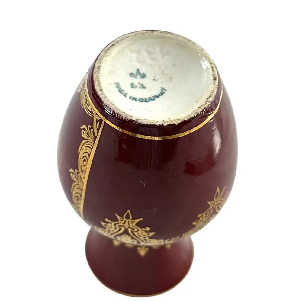 Vintage German Porcelain Mini Vase Courting Couple Gold Cobalt Burgundy 4”